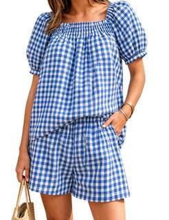 Yeokou Women Plaid 2 Piece Summer Casual Puff Sleeve Smocked Babydoll Shirt Wide Leg…