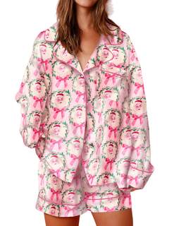 Aonoapll Women Christmas Pajamas Shorts Set Santa Claus Sleepwear | Long Sleeve Button…