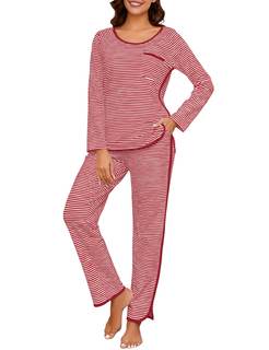 Womens Cotton Pajama Sets Stripe 2 Piece Lounge Set Long Sleeve Comfy Pj Sets Fall…