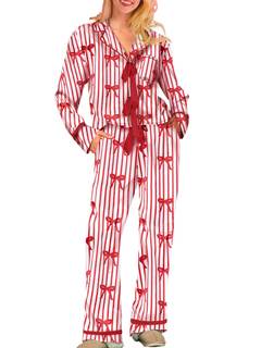 Bow Pajamas Set for Women Cute Bow Tie Long Sleeve Shirt Pants Satin Silk Heart 2 Piece…