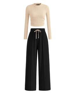 BTFBM Casual Ribbed 2 Piece Sets For Women Fall 2026 | Ruched Slim Long Sleeve Crop Top…