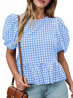 Cicy Bell Womens Puff Sleeve Gingham Blouse Summer Ruffle Peplum Babydoll Tops Cute Plaid…