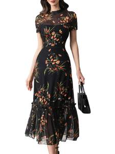 GothDark Women's Summer Floral Mesh Ruffle Casual Maxi Wedding Guest Dress | A-Line…