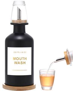11.8OZ Glass Mouthwash Dispenser for Bathroom, Black | Stainless Steel & Bamboo Nozzle…