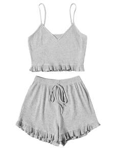 Avanova Women Sexy 2 Piece Pajama Set Ruffle Trim Cami Top and Shorts Sleepwear Set Small…