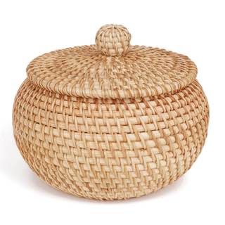 Round Rattan Basket Box with Lid Hand-Woven Wicker Basket Bin Multi-Purpose Wicker Tray…
