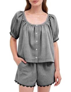 Kissonic Women's Gingham Pajama Set 2 Piece Cotton Pjs Puff Sleeve Scoop Neck Scalloped…