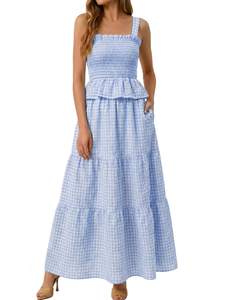 Glamaker Womens 2 Piece Skirt Sets Summer Gingham Plaid Tank Tops Maxi Skirt Casual…