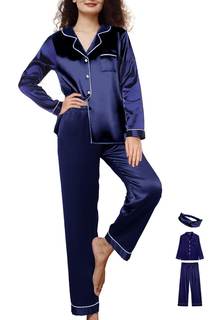 WJing Yi Jia Womens 3Pcs Satin Pajamas Set Silk Pajama Sets XS-3XL Long Silky Pj Sets…