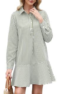 EZAPINE Womens Striped Shirt Mini Dress Long Sleeve Collared Ruffle Hem Button Up Tunic…