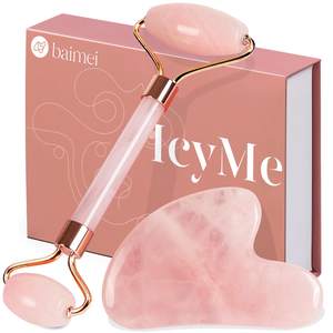 BAIMEI IcyMe Rose Quartz Roller & Gua Sha Facial Tool Set for Depuffing | Cooling Face…