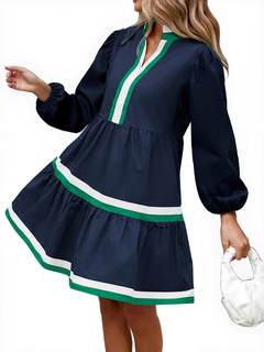 Womens Puff Long Sleeve Babydoll Dress V Neck Navy Blue Striped Color Block Tiered Mini…