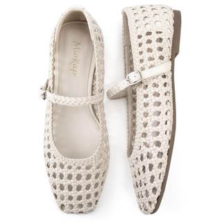 Woven Ballet Flats Shoes for Women Square Toe Mesh Mary Jane Flat with Adjustable Strap…