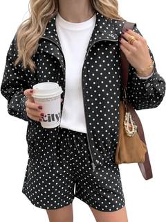 Tankaneo Womens Polka Dot 2 Piece Sets Zip Up Cropped Jackets and Shorts | vacation…