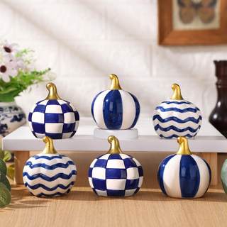DoubleFill 6 Pcs Grid Blue Ceramic Chinoiserie Pumpkins Fall Farmhouse Table Centerpiece…