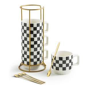 Miamolo Stackable Coffee Mug Set of 4 with Rack and Spoons, Space-saving | 11 oz, Ceramic…