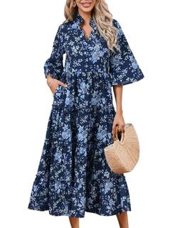 Women's Floral Ruffle Midi Dress V Neck Bell Sleeve Flowy Tiered Long Dress Navy Blue…