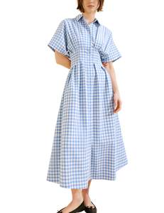 Yeokou Women Plaid Shirt Dress Short Sleeve Button Down Pleated Gingham A Line Maxi…