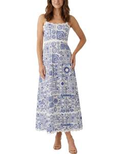 Women's Classy Sleeveless Lemon Print Maxi RIC Rac Dress X-Small Blue White