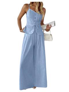 SOLY HUX Women's 2 Piece Summer Outfit Button Down Peplum Cami Top and Wide Leg Pants Set…