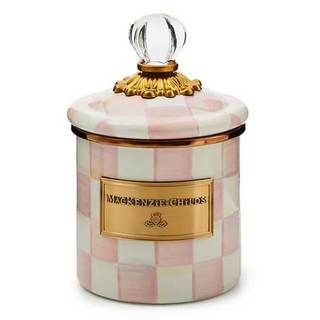 MACKENZIE-CHILDS Enamel Canister, Demi, Pink-and-White Rosy Check | Hand-painted design…