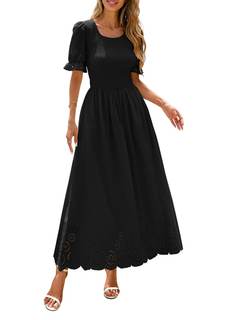 PRETTYGARDEN Women's Maxi Smocked Boho Eyelet Dress Summer | Short Puff Sleeve, Long…