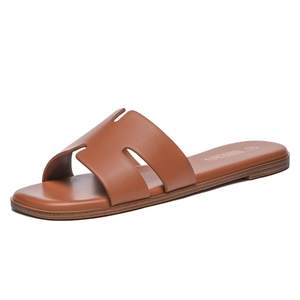 Rihero Women's Dressy Flat Sandals Comfortable Slip On Leather Slide Sandals 7 Brown