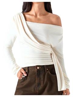 RoseSeek Women's Off The Shoulder Tops Asymmetrical Tie Long Sleeve T Shirts Ruched…