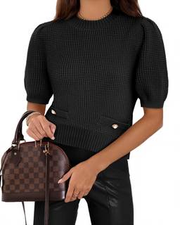 Cicy Bell Womens Puff Short Sleeve Sweaters Cropped Ribbed Knit Sweater |…