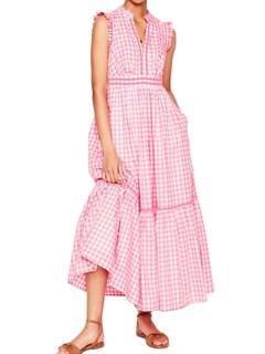 HOULENGS Women's Summer Casual Sleeveless Gingham Maxi Dress 2026 V Neck Ruffle Flowy A…