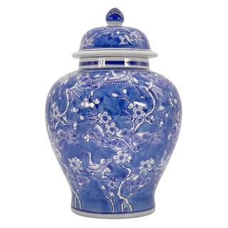 Galt International Blue & White Floral Crane Chinoiserie Jar 12" w/Lid - Ginger Jar, Tea…