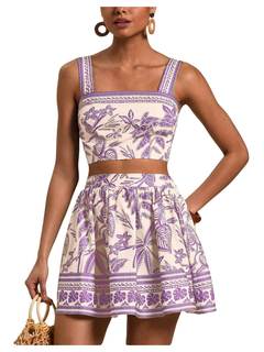 Floerns Women's Two Piece Outfit Tropical Crop Cami Top and Summer Skirts Set Small Mauve…