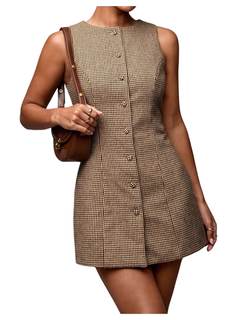 SOLY HUX Women's Plaid Button Down Dress Crew Neck Sleeveless Tie Back Work Office Mini…