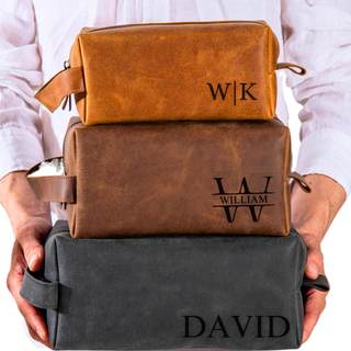 Personalized Leather Toiletry Bag for Men – Custom Shaving Dopp Kit with Name or Initial…