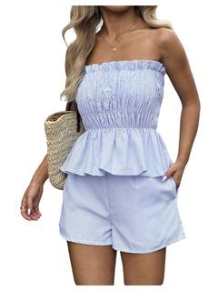 SOLY HUX Women's 2 Piece Summer Vacation Outfits Striped Peplum Ruffle Hem Tube Tops and…