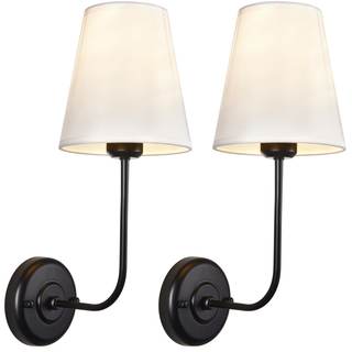Hardwired Wall Sconce Set of 2 with Flared Shape White Textile Shade Curved Arm and Black…