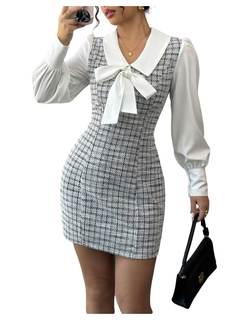 Floerns Women's Elegant Plaid Tweed Dress Bow Front Lantern Long Sleeve 2 in 1 Mini…