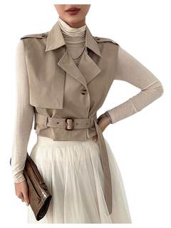 WDIRARA Women's Sleeveless Cropped Trench Coat with Belted Lapel Collar Vest Coat X-Large…