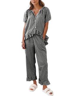 Gihuo Gingham Pajama Set for Women 2 Piece Plaid Cotton Button Down Top and Pants Ruffle…