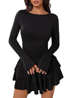 Caracilia Women's Fall Long Sleeve Bodycon Ruffle Mini Dress | Bell Sleeve Boat Neck…