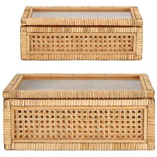Amyhill Set of 2 Rattan Decorative Box with Glass Lid Rectangular Natural Woven Cane…
