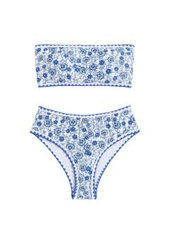 WDIRARA Women's Floral Print Strapless Lace Up Bikini Swimsuit 2 Piece Bathing Suit