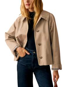 Yeokou Women Oversize Trench Coat Plaid Lining Lapel Button Down Casual Crop Jacket…