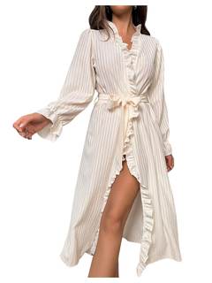OYOANGLE Robes for Women Ruffle Trim Textured Bathrobe Nightgown Sleepwear | Sheer Mesh…