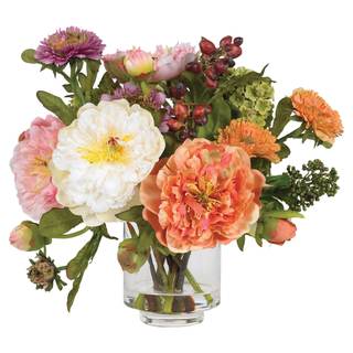 Nearly Natural 10 in Artificial Peony Arrangement in Glass Vase | Mixed Peony Faux Flower…