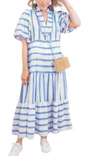 chouyatou Women's Summer Puff Sleeve Striped Midi Long Dress Notch Neck A-Line Tiered…