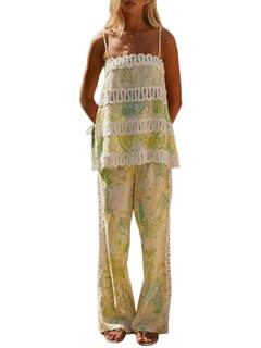 THLAI Womens 2 Piece Outfits Printed Linen Sexy Sleeveless Camisole Pants Set Outfits For…