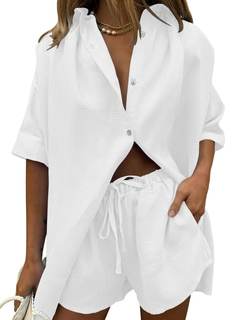 Fixmatti Women 2 Piece Outfits Long Sleeve Button Down Blouse and Shorts Sweatsuit Sets…