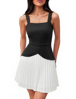 Angashion Women's Square Neck Sleeveless Mini Dress Elegant Pleated A-Line Wedding Guest…