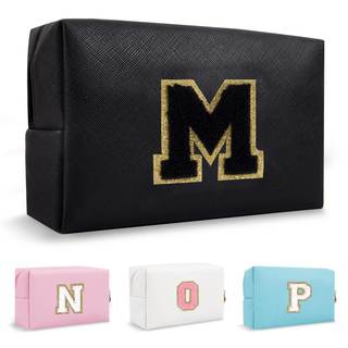 Small Travel Initial Preppy Makeup Bag, Personalized Black Cute Cosmetic Zipper Pouch…